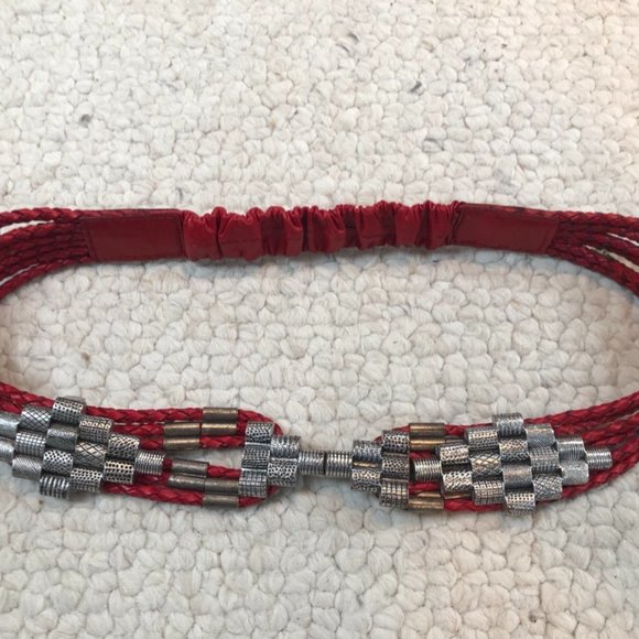 Vintage Red Leather Braided Belt with Silver - Picture 2 of 9